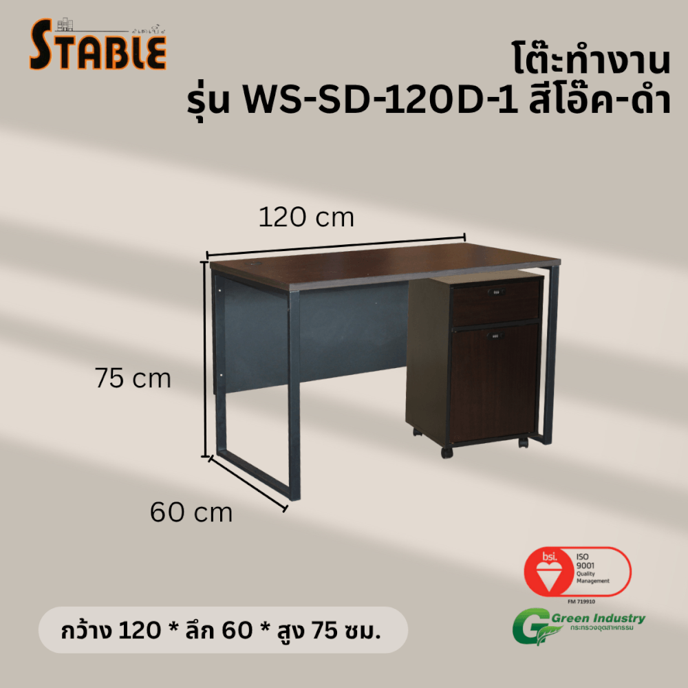 โต๊ะทำงานไม้พร้อมตู้ลิ้นชักมีล้อ STABLE รุ่น WS-SD-120-D-1 120 ซม. สีโอ๊ค-ดำ